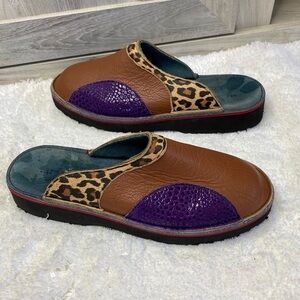 SoleTech Mules Clogs Women's Purple Brown Animal Leather Wearable Art Handmade 7